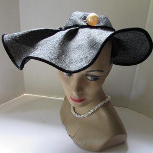 SALE 1950 Era Wide Brim Hat in Black Weave Curved Brim